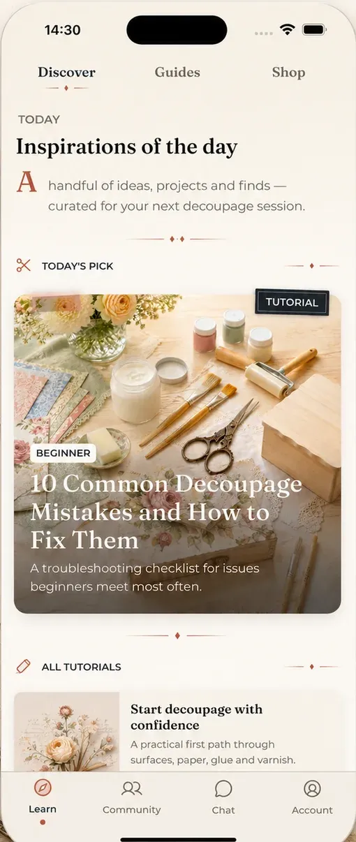 Discover screen with daily decoupage inspiration