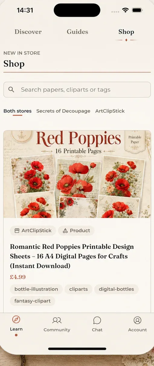 Printable papers and cliparts in the app shop