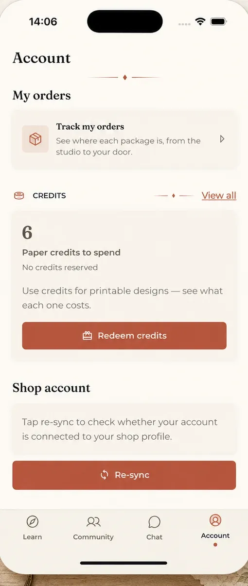 Orders and paper credits in the app